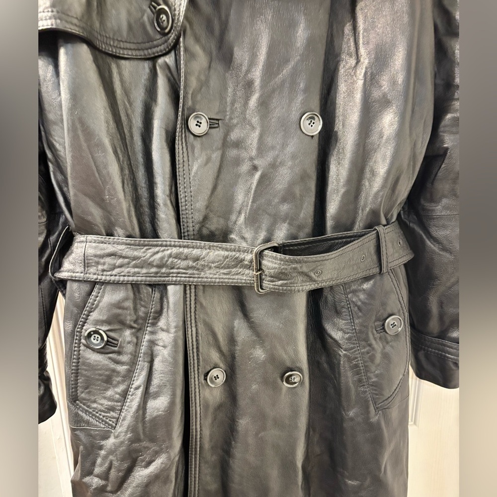 Men's Black genuine Leather Trench Coat size 44 - Picture 5 of 7